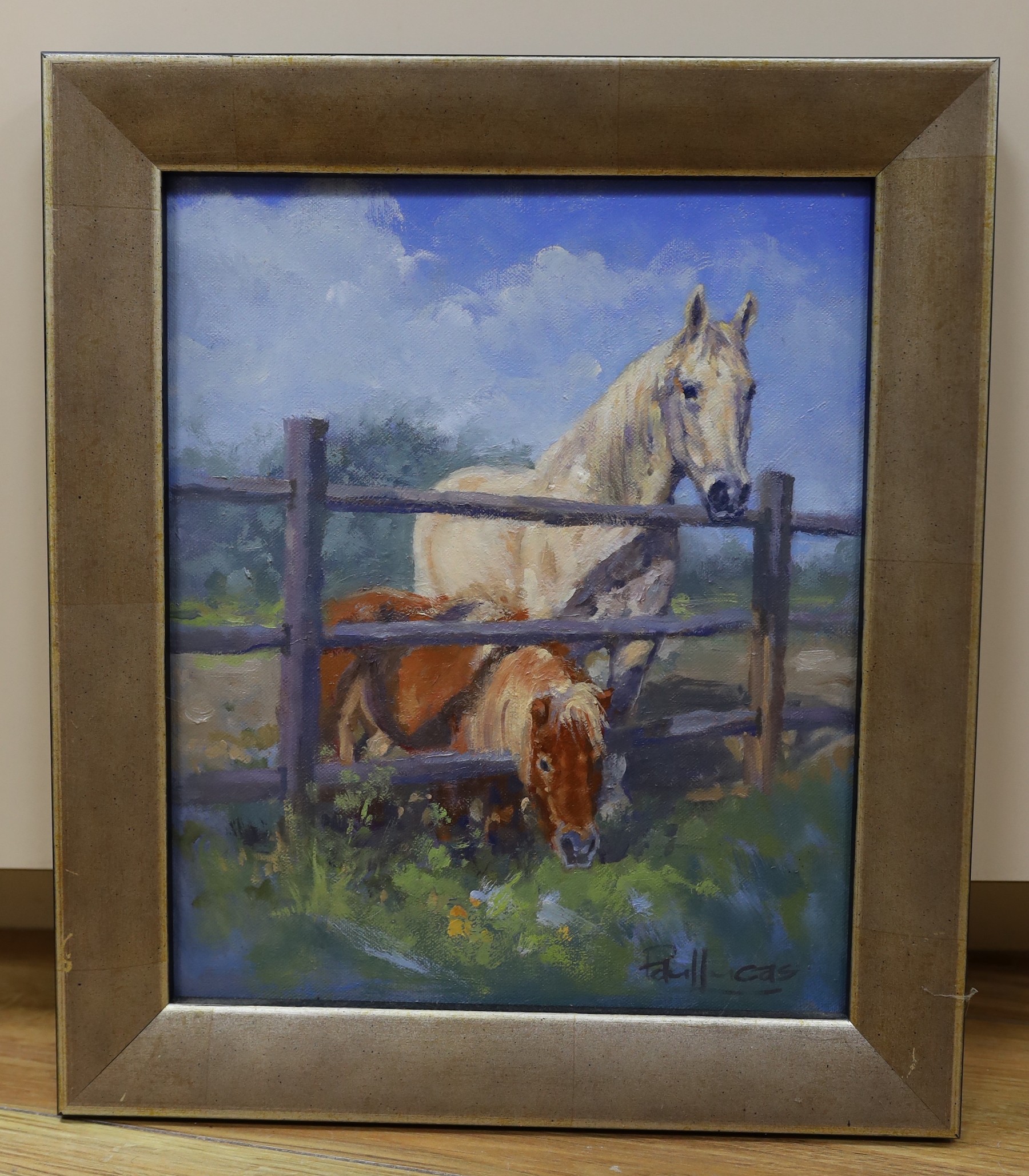 Paul Lucas ASEA, oil on canvas, Ponies beside a fence, signed, 29 x 24cm